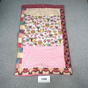 Baby Blanket Pink Minky Dot Owls and Hearts Patchwork Print Lightweight Comfort